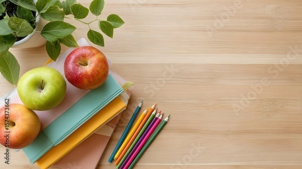 Fototapeta Back-to-School Study Scene – Spiral Notebook with Apple and Pencils on Blue Surface Reflecting New Beginnings and Cozy Learning Rituals