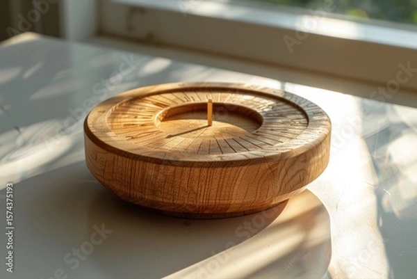 Fototapeta Handcrafted wooden sundial bathed in warm natural light showcasing timeless ancient history and rustic home decor.