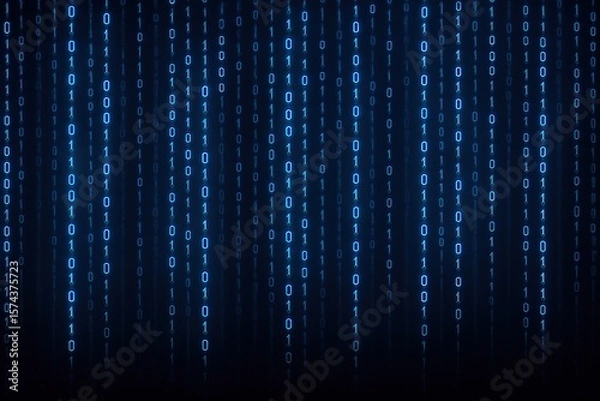 Fototapeta Digital rain of glowing blue binary code cascading down a dark futuristic background