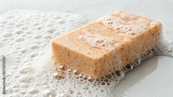 Fototapeta A bar of exfoliating soap is surrounded by bubbles, promising a refreshing spa experience