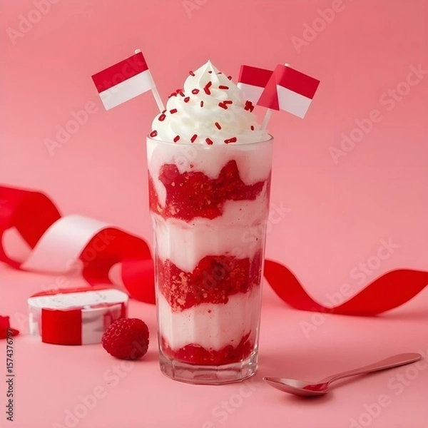 Fototapeta A refreshing and vibrant layered raspberry smoothie dessert topped with whipped cream and festive miniature flags, perfect for celebrations or a sweet treat.