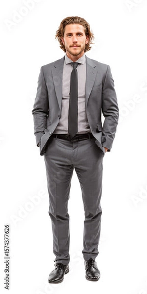 Fototapeta Stylish young professional man walking towards camera in tailored business suit, white shirt, and soft pastel tie, showing ambition and charm. Clean white background