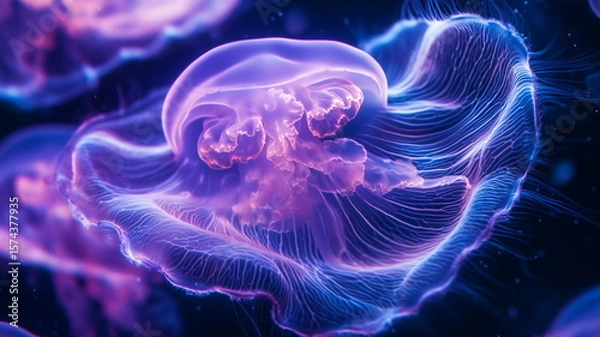 Fototapeta Cellular-level close-up of jellyfish tissue glowing with bio-luminescent patterns