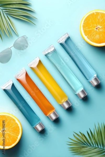 Obraz Colorful flat lay of cooling gel tubes with citrus accents for vibrant marketing purposes