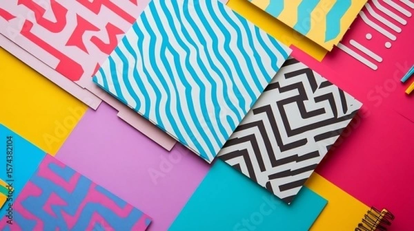 Fototapeta Vibrant composition of patterned papers on bright geometric background