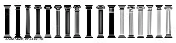 Fototapeta Collection of various classical column styles in vector black and white silhouettes