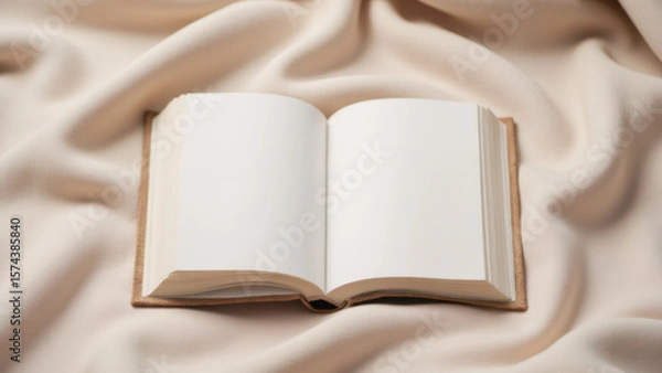 Fototapeta Open Blank Book on Beige Fabric, Perfect for Mockups and Customization