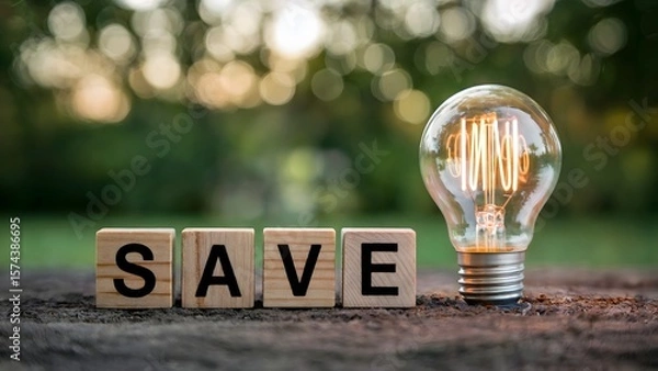 Obraz Illuminate your savings with a bright idea represented by a glowing light bulb and the word SAVE on wooden blocks, promoting energy conservation and financial wisdom.