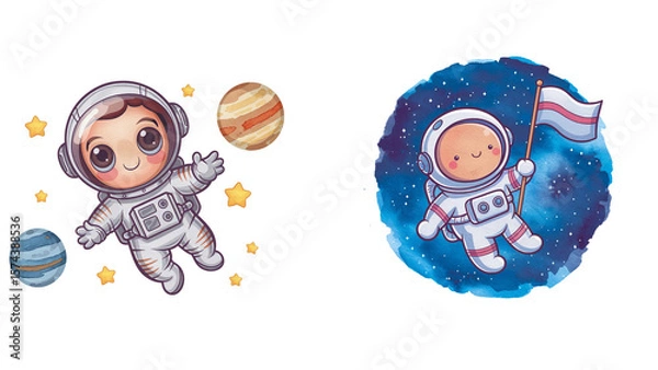 Fototapeta Two cartoon astronauts in space suits with planets and stars on a white background