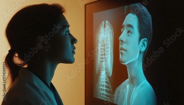 Fototapeta Healthcare Professional Analyzing Digital Patient Hologram with Spine Scan Technology