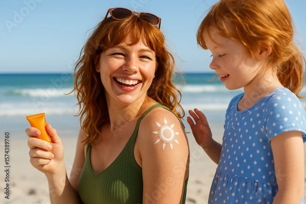 Obraz Cheerful Mother and Daughter Enjoying Beach Time Applying Sunscreen for Protection Against Harmful UV Rays Together