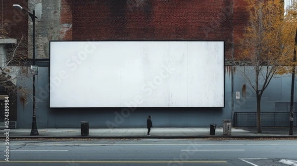 Fototapeta Urban street with blank billboard and autumn trees in tranquil cityscape