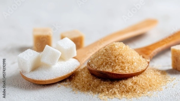 Obraz Close-up of sugar cubes stacked in a pile against beige background, symbolizing excessive sugar consumption and its health risks. Conceptual visual metaphor for unhealthy diet habits, food addiction
