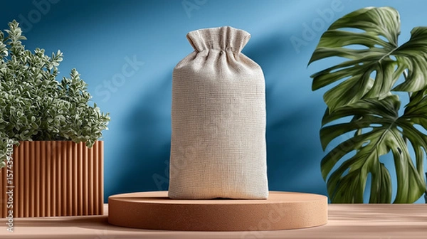 Fototapeta A mockup of an empty, blank light beige linen canvas Pouch for food and supplies stands on top of a round podium, with a blue background and green plants behind it.