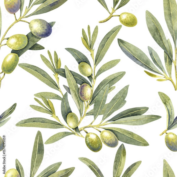 Fototapeta Seamless pattern watercolor olive branch green decor. Hand painted floral illustration olives fruit tree branches leaves transparent background. Drawings food. Edible foliage. For fabric, wrapping