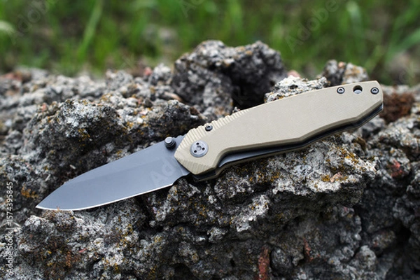 Fototapeta Folding tourist, camping knife with black blade and handle made