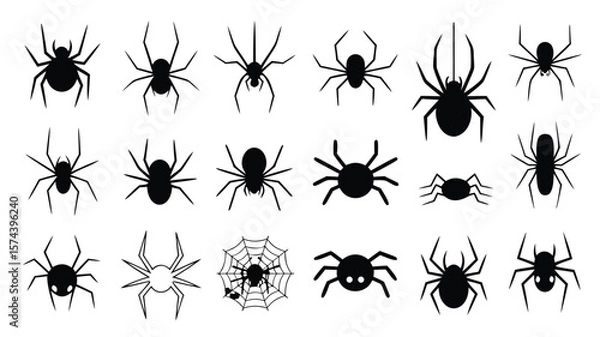 Obraz Various Silhouette Spider Designs on White Background, Including Web, for Halloween Decorations