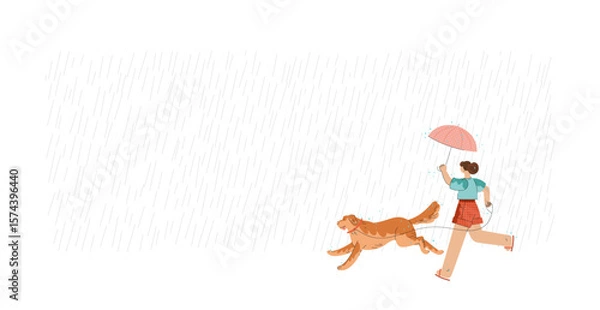 Fototapeta Girl with umbrella and dog are running in the rain