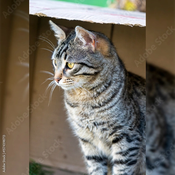 Fototapeta Close up portrait of a domestic tabby cat in a box in outdoors.