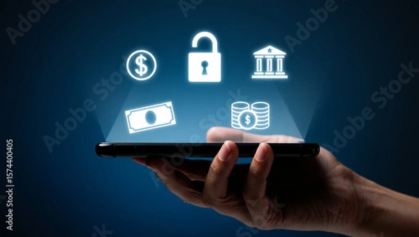 Obraz Digital financial icons displayed above smartphone hand finance