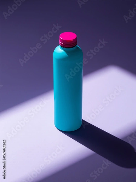 Fototapeta A minimalist blue bottle with a vibrant pink cap, cast in soft shadows and highlights.