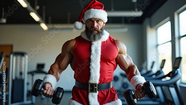 Fototapeta Muscular Man in Santa Claus Outfit Working Out in Gym – Bicep Curls with Dumbbells