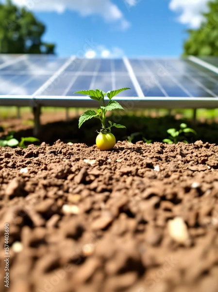 Fototapeta A young tomato plant emerges from the soil in the foreground, set against a backdrop of solar panels under a bright blue sky, symbolizing sustainable agriculture.