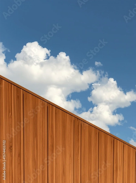 Fototapeta A contemporary wooden structure against a bright blue sky with fluffy white clouds.
