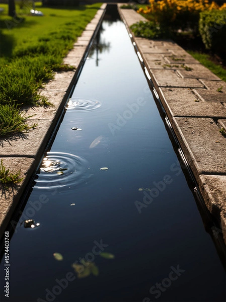 Fototapeta A tranquil garden scene featuring a narrow waterway reflecting the sky, with gentle ripples and lush green surroundings.