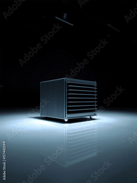 Fototapeta A sleek, metallic cube in a dramatic, low-light environment, showcasing modern design and minimalism.