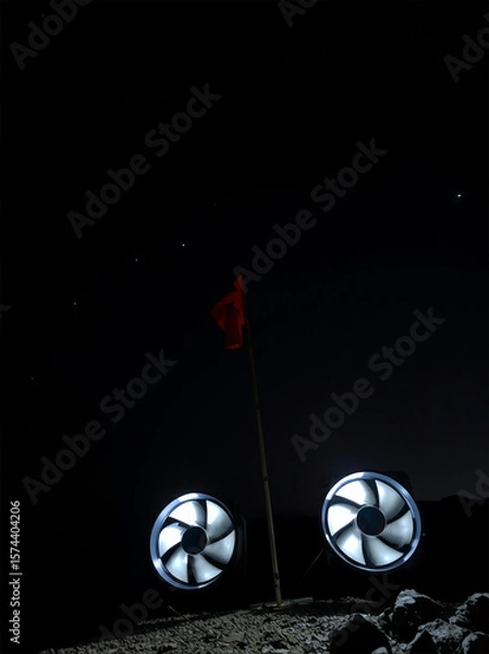 Fototapeta A futuristic scene featuring large fans and a red flag against a starry night sky, evoking themes of exploration and innovation.