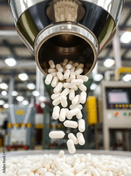 Fototapeta A close-up view of pharmaceutical capsules being dispensed from a production machine in a modern factory setting.