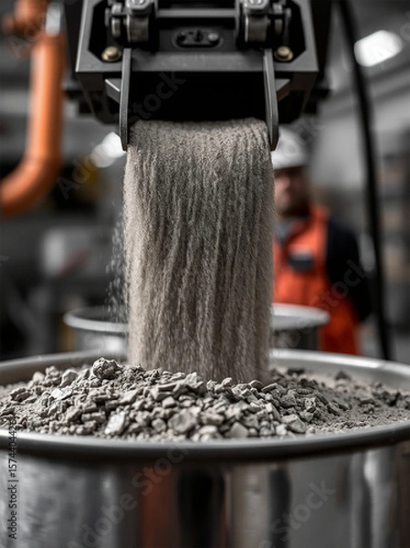 Obraz Industrial scene showcasing the pouring of fine sand-like material from a machinery hopper into a collection bin.