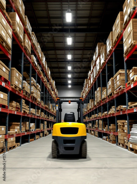 Fototapeta A bright yellow forklift navigating through a well-organized warehouse filled with packed boxes on shelves.