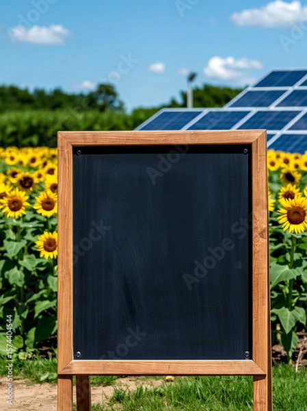 Obraz A blank chalkboard in front of a vibrant sunflower field, with solar panels in the background under a clear blue sky.