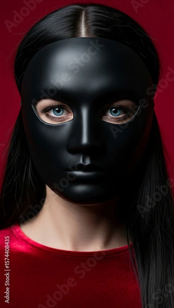 Fototapeta Woman with long black hair wearing a black mask against a red background.  Image conveys mystery and anonymity