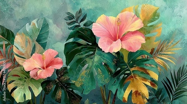 Fototapeta Lush tropical leaves watercolor texture in soft green and pink, organic pattern seamless repeat print design. Botanical foliage wallpaper background