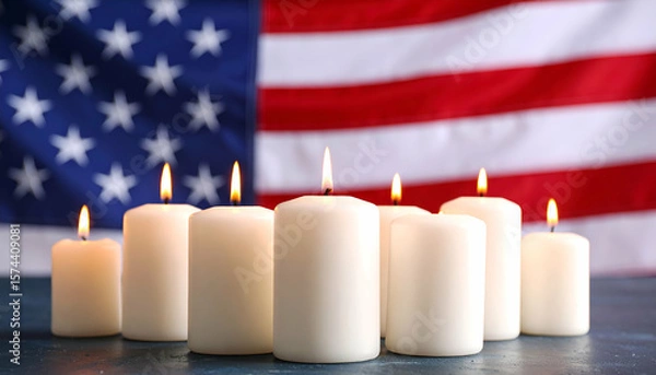 Fototapeta Burning Candles with US Flag Background.