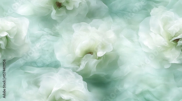 Fototapeta Soft white flowers with dreamy, ethereal appearance float against gentle green background, creating serene and calming atmosphere