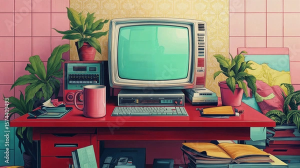 Obraz a vintage-style workspace with a red desk. The desk features a retro computer monitor, keyboard, and various office supplies, including a mug, a stack of books, and potted plants.