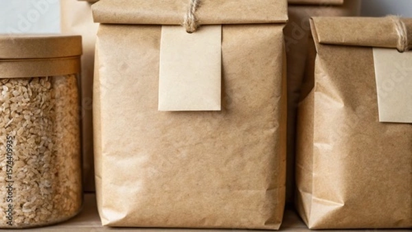 Fototapeta Brown paper packages of grains and seeds arranged neatly, showcasing eco-friendly packaging and minimalist design.