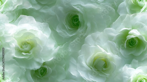 Fototapeta Soft green roses create serene and calming floral background, with delicate petals and gentle gradient of color. image evokes sense of tranquility and natural beauty