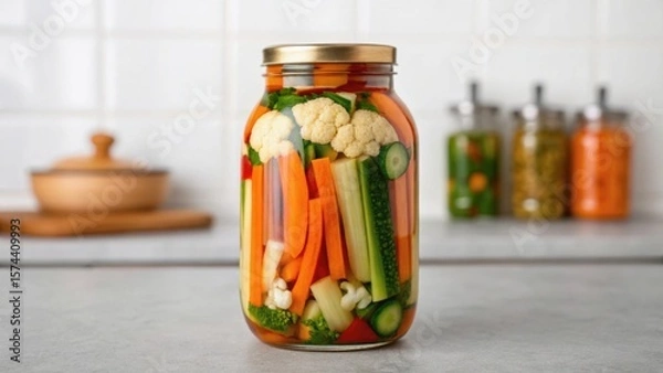 Fototapeta A jar filled with colorful, fresh vegetables, including carrots, cauliflower, and cucumbers, sits on a kitchen counter against a light backdrop.