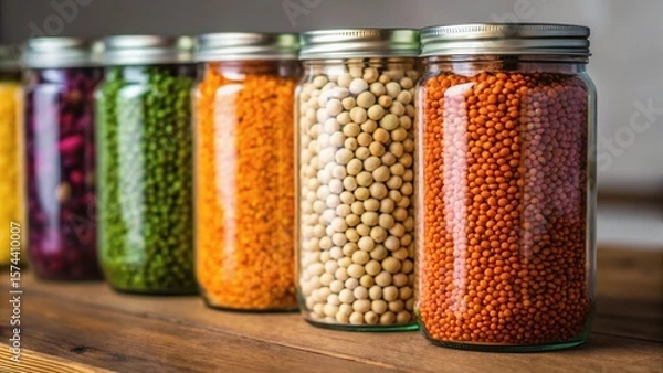 Fototapeta Colorful jars filled with various legumes and grains arranged neatly on a wooden surface.