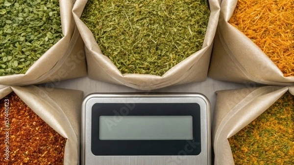Fototapeta Assorted spices in bags surround a digital scale, showcasing a variety of colors and textures for culinary use.
