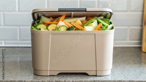Fototapeta A modern kitchen container filled with fresh vegetables, showcasing a clean and organized cooking environment.