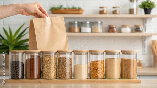 Fototapeta A hand places a bag next to clear jars filled with various grains and spices on a wooden shelf in a bright kitchen.