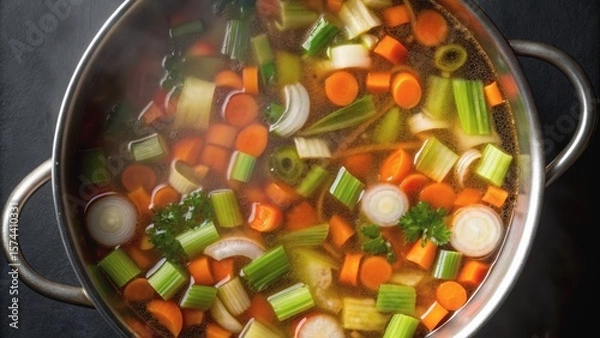 Fototapeta A pot filled with simmering vegetable broth, showcasing vibrant carrots, celery, and herbs, creating a colorful, healthy dish.