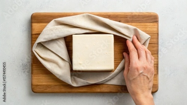 Fototapeta A hand adjusts a cloth around a block of tofu on a wooden cutting board, showcasing a preparation scene in a kitchen.