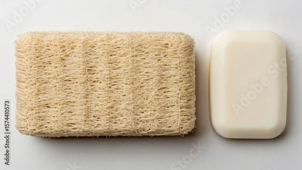 Fototapeta A bar of soap next to a loofah sponge on a neutral background, representing hygiene and personal care.